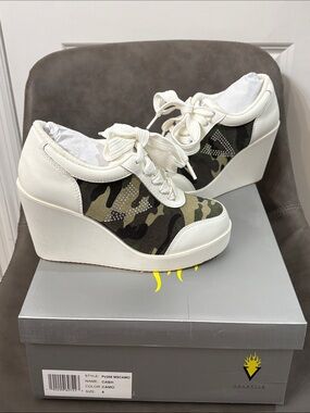 Volatile Camo Wedge Sneakers in White and Green Camo with Silver and Rhinestone
